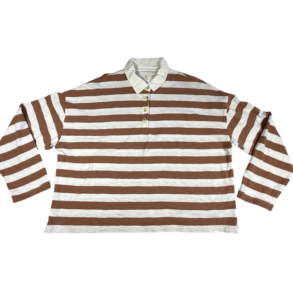 Lou & Grey Popover Shirt Sz XXL Brown Striped Long Sleeve 1/4 Button Nautical